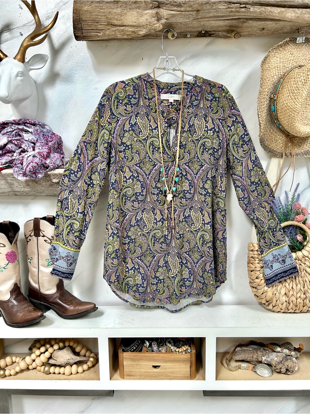 LOFT Paisley Long-Sleeve Tunic in Olive & Navy w cottagecore prairie vibe